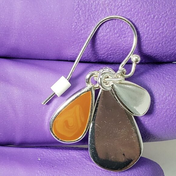 Elegant Triple Teardrop Dangle Earrings – Polished Silver & Brown Enamel, 1.5” - Picture 6 of 7